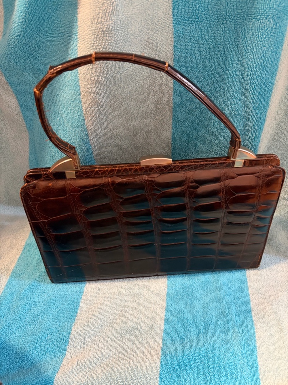 Vintage elegant Croc Embossed Shoulder Bag in Brown made in France for Eaton